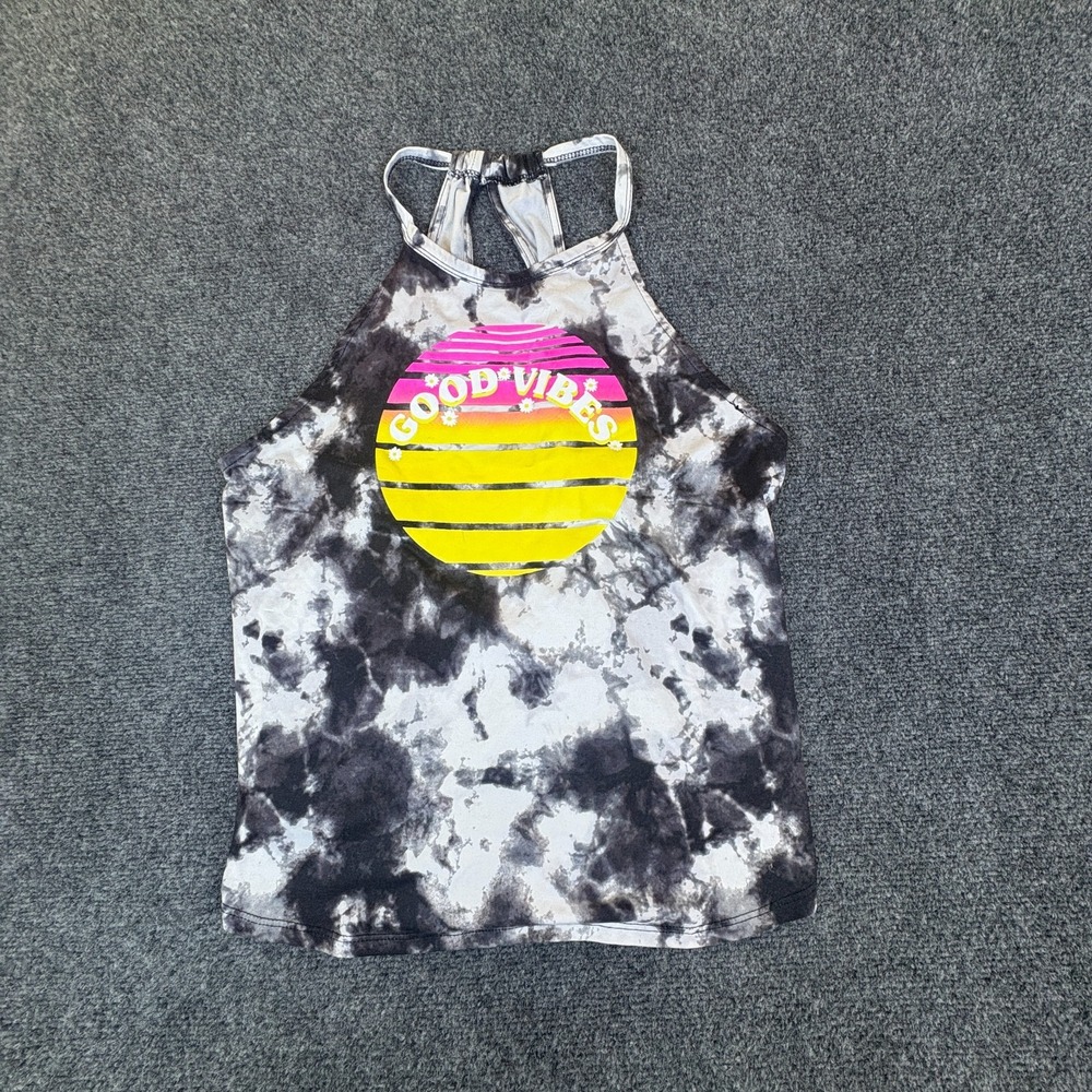 Good Vibes Tank Top Womens Large 11-13 White Black Tie Dye Graphic Racerback